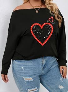 SHEIN LUNE Plus Heart Print Off Shoulder Sweatshirt - Black - View 5