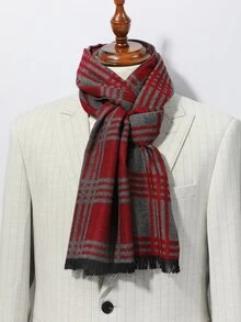 Men Plaid Pattern Raw Trim Scarf - Multicolor - View 5