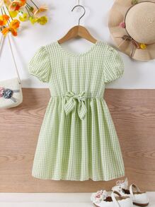 小女童雙色格子泡泡袖前蝴蝶結洋裝