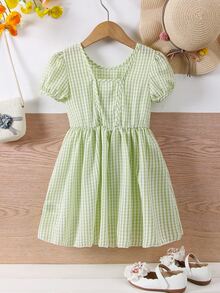 小女童雙色格子泡泡袖前蝴蝶結洋裝