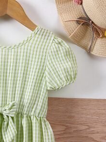 小女童雙色格子泡泡袖前蝴蝶結洋裝