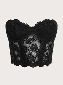 SHEIN ICON 蕾絲短款抹胸上衣 - 黑色 - 查看 1