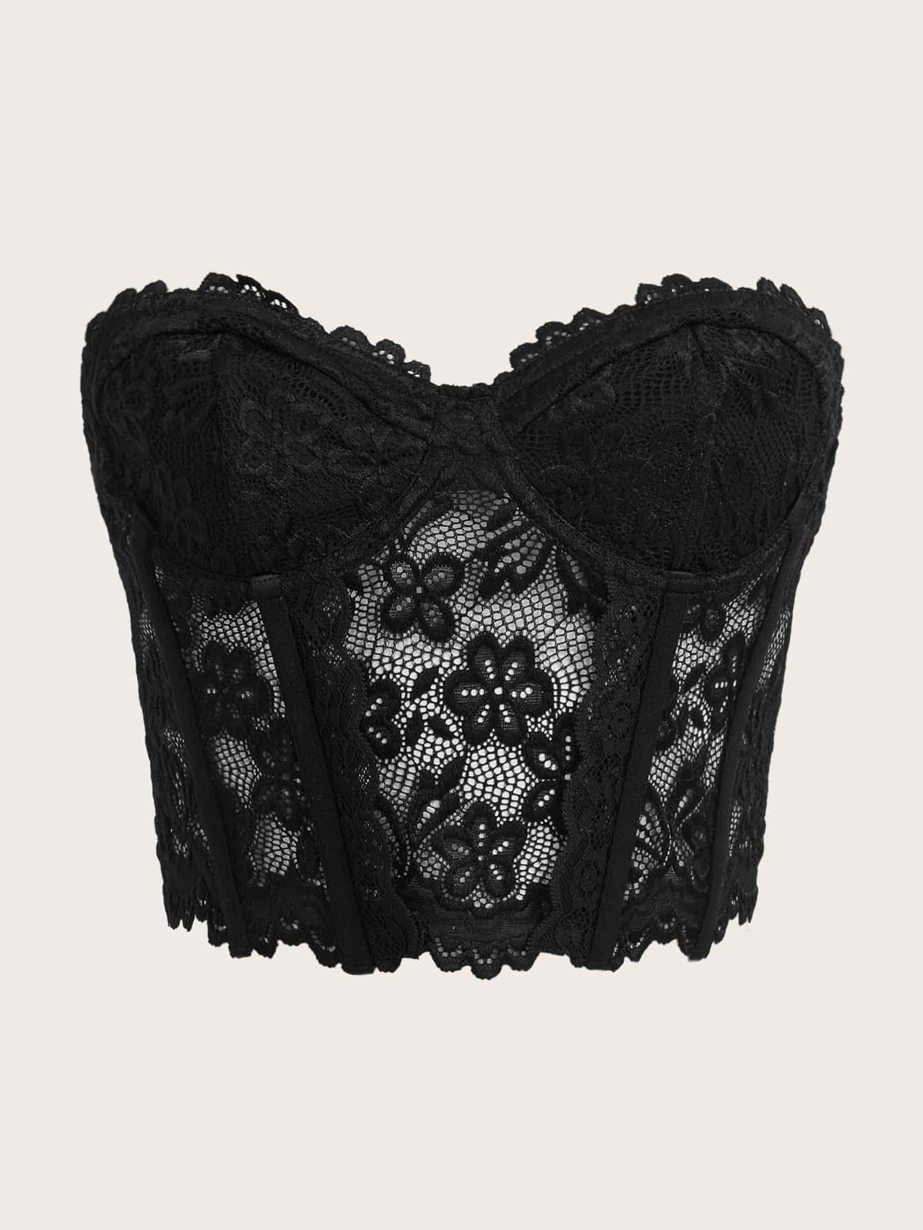 SHEIN ICON 蕾絲短款抹胸上衣 - 黑色 - 查看 1