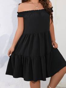 SHEIN Holidaya Vestido de hombros descubiertos ribete con fruncido - Negro - Ver 4