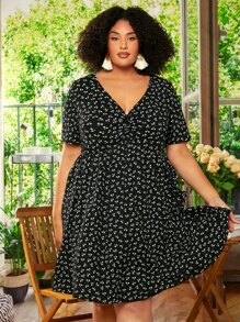 SHEIN CURVE+ Plus Ditsy Floral Print Dress - Black - View 3