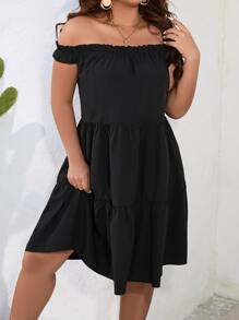 SHEIN Holidaya Vestido de hombros descubiertos ribete con fruncido - Negro - Ver 7