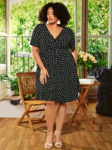 SHEIN CURVE+ Plus Ditsy Floral Print Dress - Black - View 5