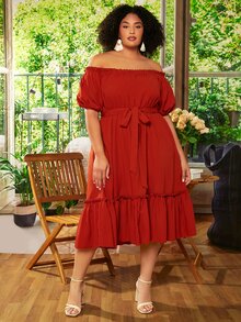 SHEIN CURVE+ Plus Off Shoulder Frill Trim Belted Dress - Burgundy - View 7