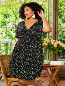 SHEIN CURVE+ Plus Ditsy Floral Print Dress - Black - View 2