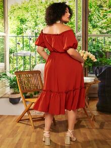 SHEIN CURVE+ Plus Off Shoulder Frill Trim Belted Dress - Burgundy - View 2