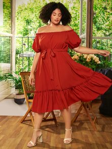 SHEIN CURVE+ Plus Off Shoulder Frill Trim Belted Dress - Burgundy - View 3