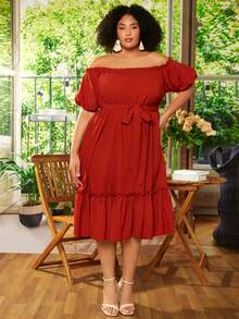SHEIN CURVE+ Plus Off Shoulder Frill Trim Belted Dress - Burgundy - View 4