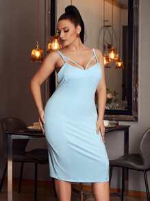 SHEIN Unity Plus Solid Split Back Cami Dress - Baby Blue - View 3