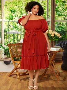 SHEIN CURVE+ Plus Off Shoulder Frill Trim Belted Dress - Burgundy - View 5