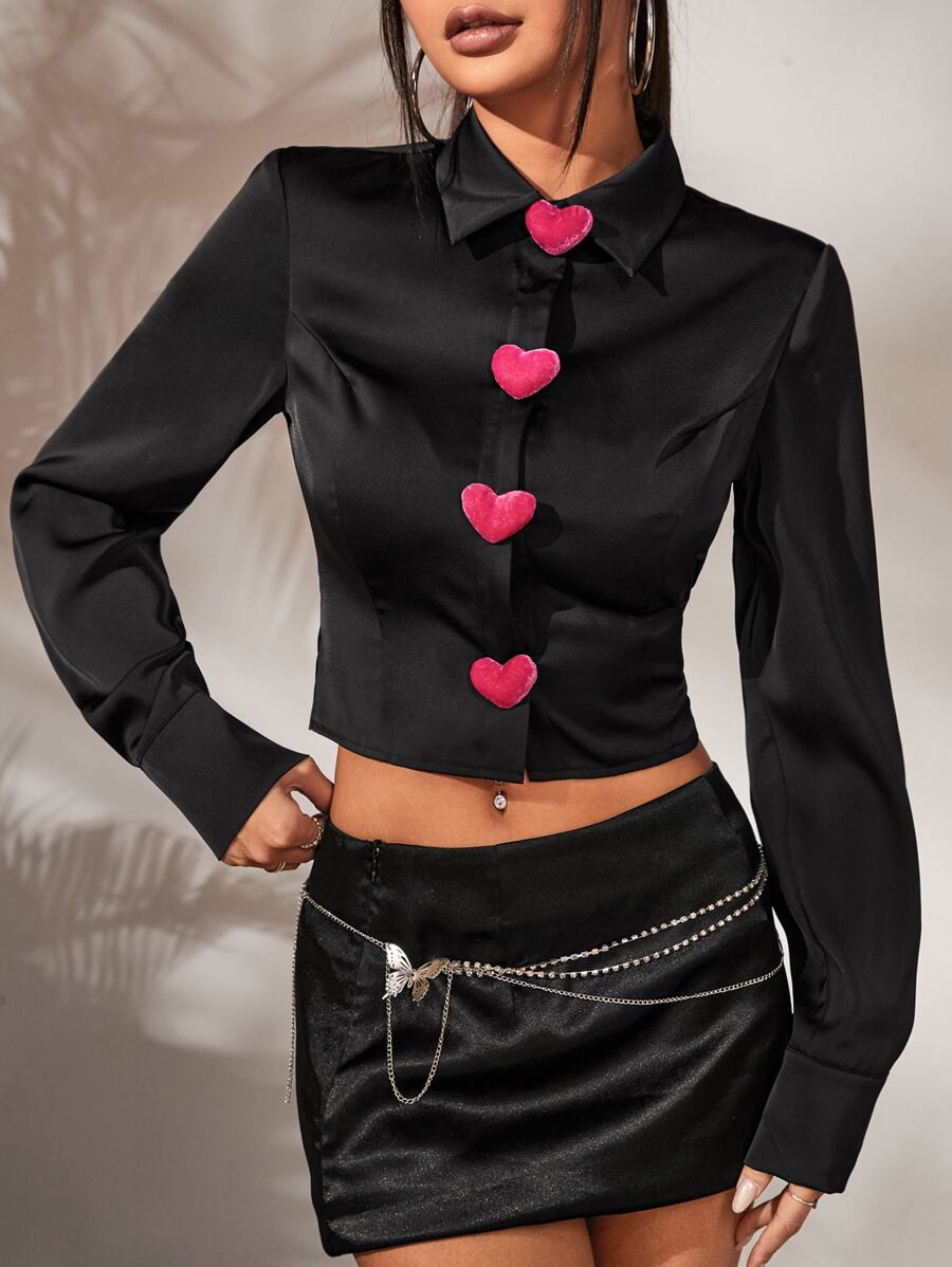 SHEIN ICON Heart Embroidery Crop Shirt - Black - View 1