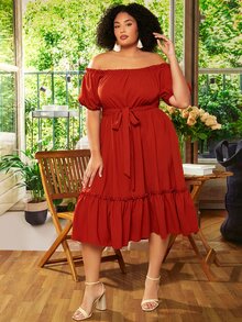 SHEIN CURVE+ Plus Off Shoulder Frill Trim Belted Dress - Burgundy - View 6