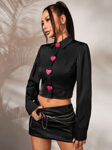 SHEIN ICON Heart Embroidery Crop Shirt - Black - View 3