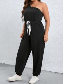 SHEIN LUNE Mono de un hombro con nudo delantero - Negro - Ver 1