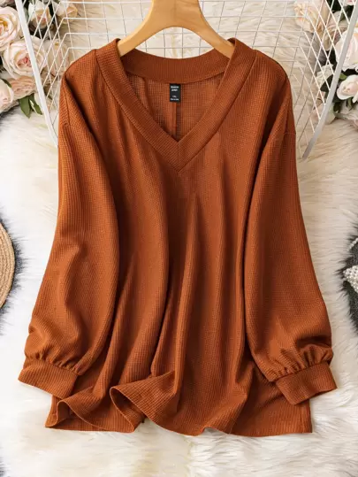 EMERY ROSE 大碼素色V領燈籠袖T恤