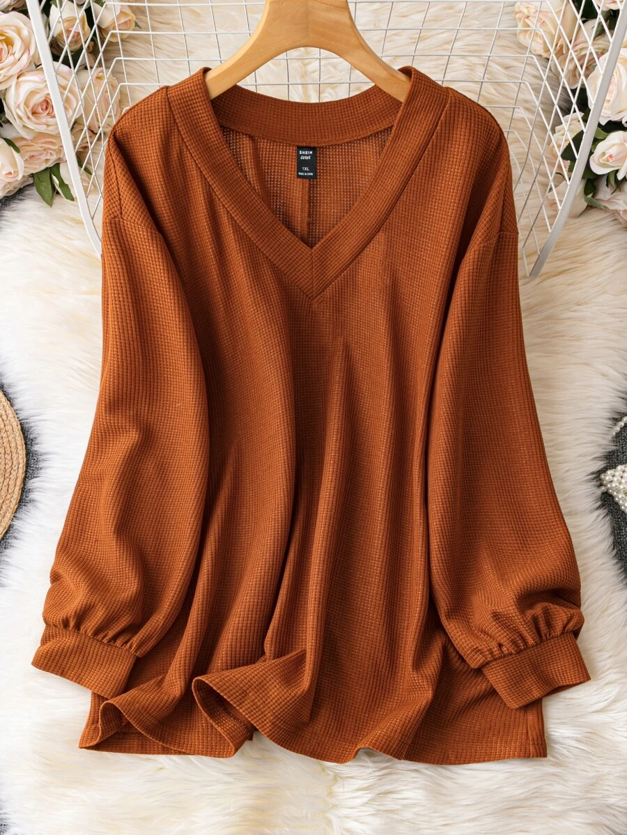 EMERY ROSE 大碼素色V領燈籠袖T恤