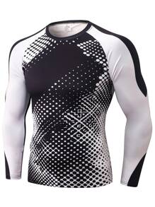 SHEIN Fitness Camiseta deportiva de manga larga con estampado de lunares y manga raglán para hombres - Blanco y Negro - Ver 5
