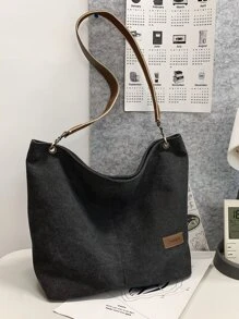 Letter Patch Grommet Eyelet Large Capacity Hobo Bag - Black - View 1