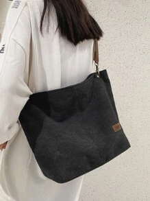 Letter Patch Grommet Eyelet Large Capacity Hobo Bag - Black - View 2