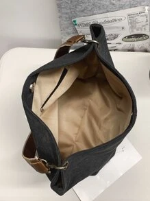 Letter Patch Grommet Eyelet Large Capacity Hobo Bag - Black - View 4