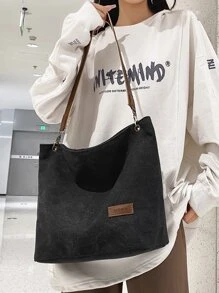 Letter Patch Grommet Eyelet Large Capacity Hobo Bag - Black - View 7