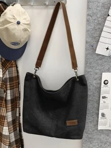 Letter Patch Grommet Eyelet Large Capacity Hobo Bag - Black - View 8