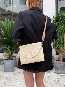 Pom Pom Decor Flap Straw Bag - Beige - View 2