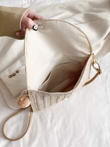 Pom Pom Decor Flap Straw Bag - Beige - View 3
