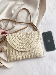 Pom Pom Decor Flap Straw Bag - Beige - View 4