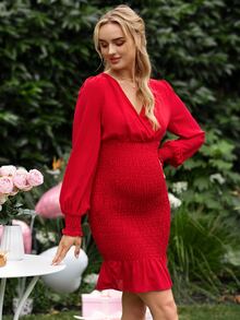 SHEIN Maternity Surplice Neck Ruffle Hem Shirred Dress - Red - View 3
