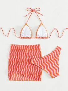 3packs Striped Summer Beach Bikini Set & Drawstring Front Beach Skirt - Orange - View 2