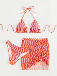 3packs Striped Summer Beach Bikini Set & Drawstring Front Beach Skirt - Orange - View 4