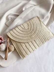 Pom Pom Decor Flap Straw Bag - Beige - View 5