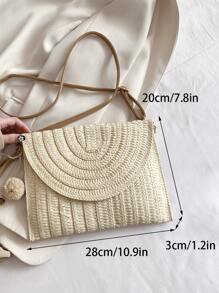 Pom Pom Decor Flap Straw Bag - Beige - View 6