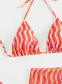 3packs Striped Summer Beach Bikini Set & Drawstring Front Beach Skirt - Orange - View 5