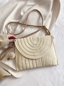 Pom Pom Decor Flap Straw Bag - Beige - View 7