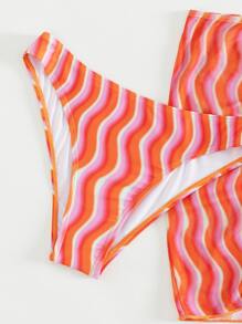 3packs Striped Summer Beach Bikini Set & Drawstring Front Beach Skirt - Orange - View 6