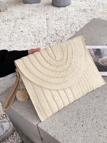 Pom Pom Decor Flap Straw Bag - Beige - View 8