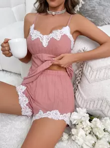 Contrast Lace Cami Top & Shorts PJ Set - Dusty Pink - View 1