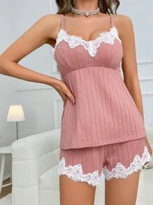 Contrast Lace Cami Top & Shorts PJ Set - Dusty Pink - View 3