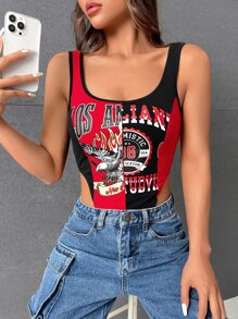 SHEIN Coolane Bikercore Letter Graphic Contrast Binding Tank Bodysuit - Multicolor - View 4