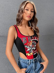 SHEIN Coolane Bikercore Letter Graphic Contrast Binding Tank Bodysuit - Multicolor - View 3