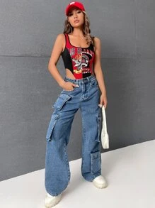 SHEIN Coolane Bikercore Letter Graphic Contrast Binding Tank Bodysuit - Multicolor - View 6