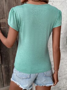 SHEIN LUNE Notched Neckline Petal Sleeve Tee - Cadet Blue - View 2