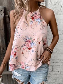 SHEIN VCAY Floral Print Layered Hem Halter Top - Baby Pink - View 1