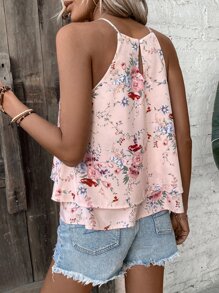 SHEIN VCAY Floral Print Layered Hem Halter Top - Baby Pink - View 2